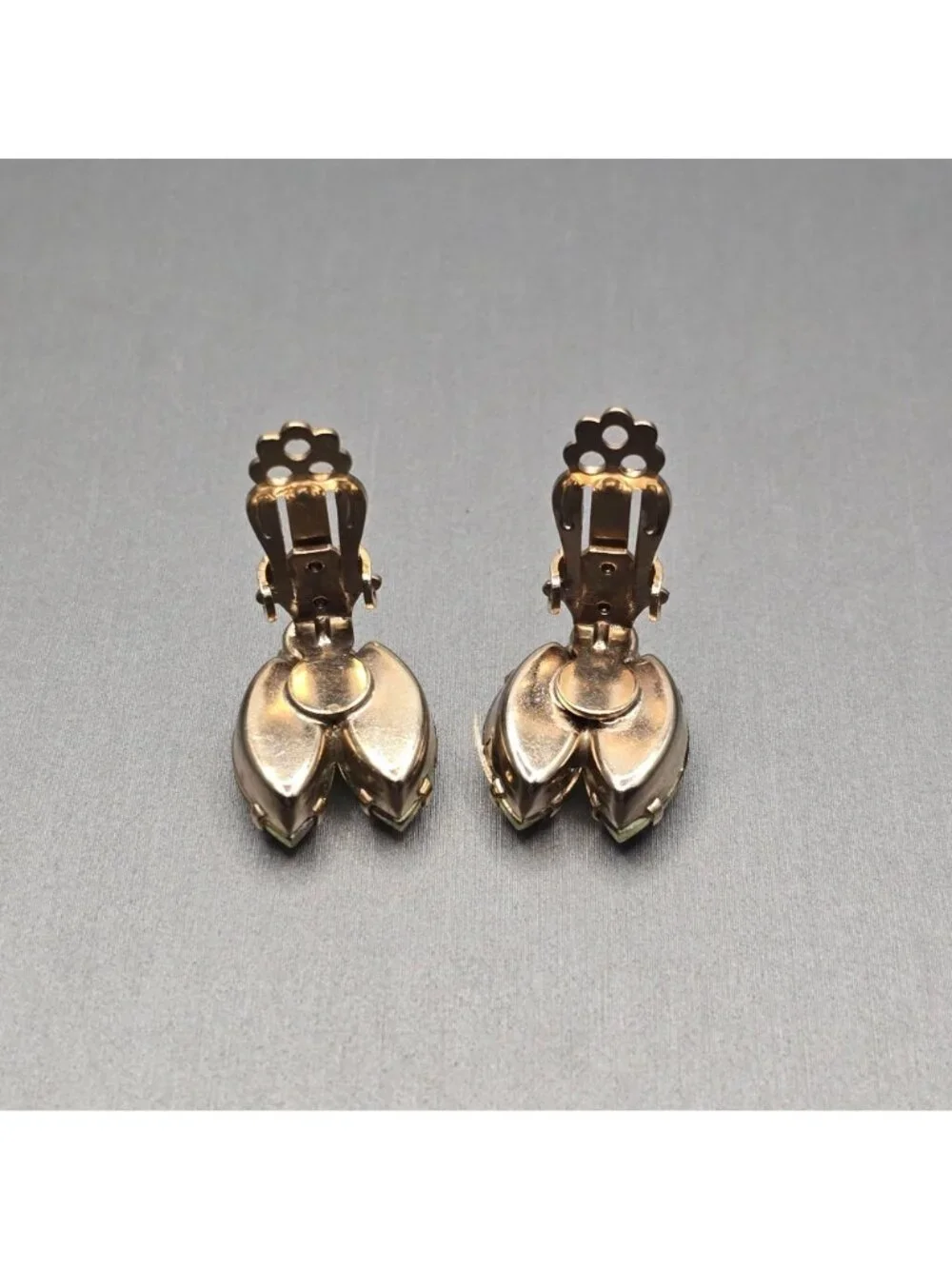 Vintage Citron Green Rhinestone Clip On Earrings Amber Topaz Marquise MCM